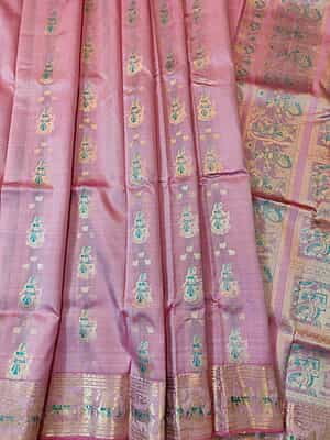 Pastel pink with light green meena workpure Mulberry silk Swarnachari saree