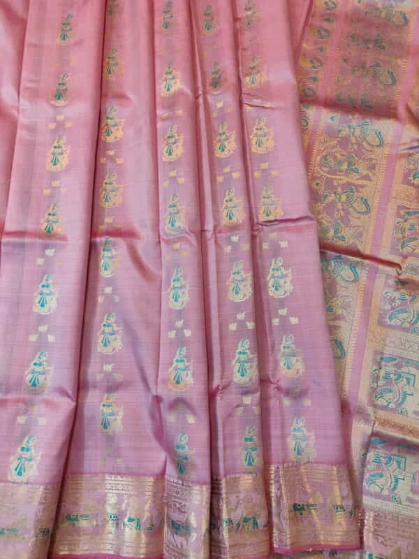 Pastel pink with light green meena workpure Mulberry silk Swarnachari saree Pastel pink with light green meena workpure Mulberry silk Swarnachari saree