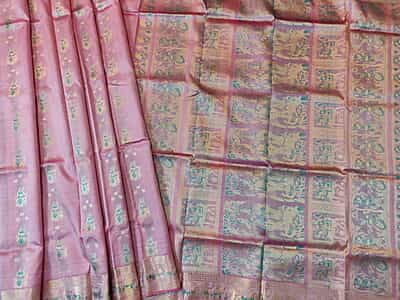Pastel pink with light green meena workpure Mulberry silk Swarnachari saree Pastel pink with light green meena workpure Mulberry silk Swarnachari saree