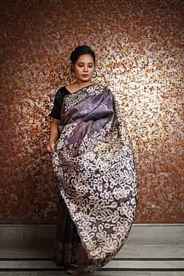 Shades of Purple and violet hand batik Mulberry silk saree Shades of Purple and violet hand batik Mulberry silk saree