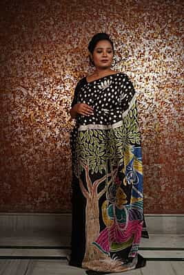 Black hand painted hand batik work on Mulberry silk Black hand painted hand batik work on Mulberry silk