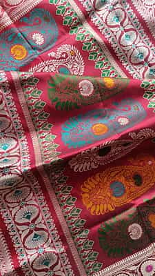 Revival Baluchari saree in pure Mulberry silk with multiple color buta in Cherry red red color Revival Baluchari saree in pure Mulberry silk with multiple color buta in Cherry red red color