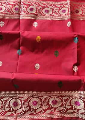 Revival Baluchari saree in pure Mulberry silk with multiple color buta in Cherry red red color