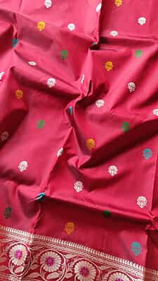 Revival Baluchari saree in pure Mulberry silk with multiple color buta in Cherry red red color Revival Baluchari saree in pure Mulberry silk with multiple color buta in Cherry red red color