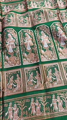 Green and white meena work figurine motif pure Mulberry silk Baluchari saree saree Green and white meena work figurine motif pure Mulberry silk Baluchari saree saree