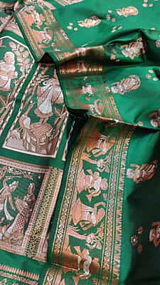 Green and white meena work figurine motif pure Mulberry silk Baluchari saree saree Green and white meena work figurine motif pure Mulberry silk Baluchari saree saree