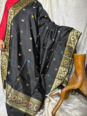 Revival Baluchari duptta on black with multiple buta Revival Baluchari duptta on black with multiple buta