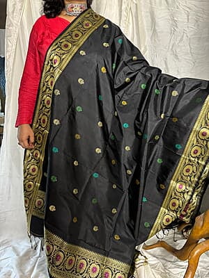 Revival Baluchari duptta on black with multiple buta Revival Baluchari duptta on black with multiple buta