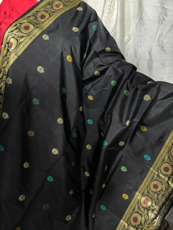 Revival Baluchari duptta on black with multiple buta Revival Baluchari duptta on black with multiple buta