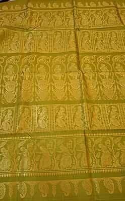 Golden green color Figurine motif pure Mulberry silk Baluchari saree Golden green color Figurine motif pure Mulberry silk Baluchari saree