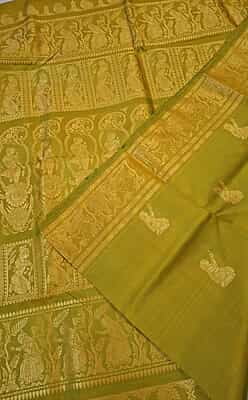 Golden green color Figurine motif pure Mulberry silk Baluchari saree Golden green color Figurine motif pure Mulberry silk Baluchari saree