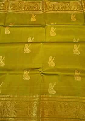 Golden green color Figurine motif pure Mulberry silk Baluchari saree
