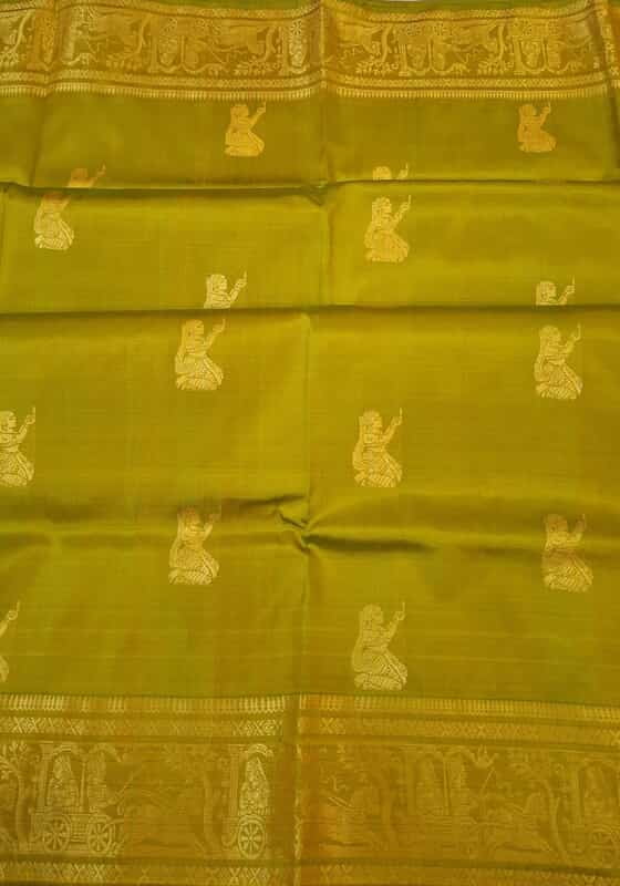 Golden green color Figurine motif pure Mulberry silk Baluchari saree Golden green color Figurine motif pure Mulberry silk Baluchari saree