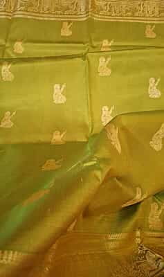 Golden green color Figurine motif pure Mulberry silk Baluchari saree Golden green color Figurine motif pure Mulberry silk Baluchari saree