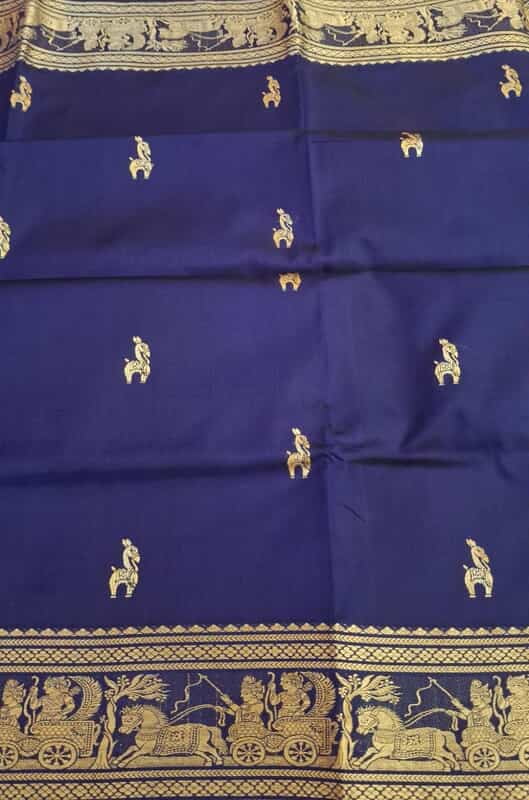 Navy blue terracotta Bankura horse motif pure Mulberry silk Swarnachari Navy blue terracotta Bankura horse motif pure Mulberry silk Swarnachari