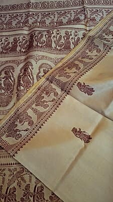 Beige color figure motif with brown combination pure Mulberry silk Baluchari saree Beige color figure motif with brown combination pure Mulberry silk Baluchari saree