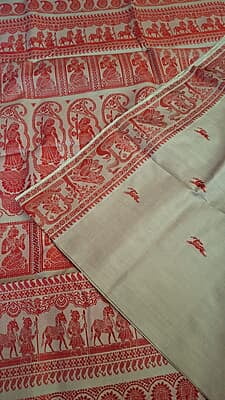 Ricebody color with red motif pure Mulberry silk Baluchari saree Ricebody color with red motif pure Mulberry silk Baluchari saree