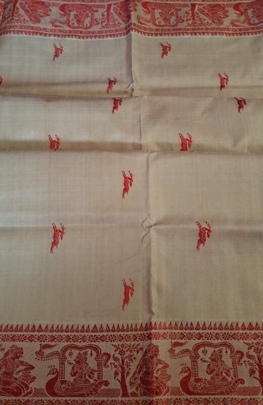 Ricebody color with red motif pure Mulberry silk Baluchari saree Ricebody color with red motif pure Mulberry silk Baluchari saree