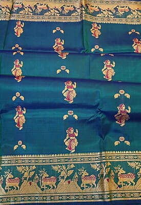 Blue green dual tone figure motif with heeran motif on the border with meena Baluchari saree