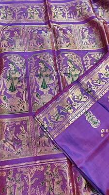 Purple color green meena work figure motif pure Mulberry silk Swarnachari saree