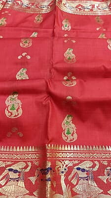 green and blue meena work orange color figure motif pure Mulberry silk Swarnachari saree