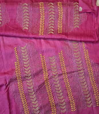 Light pink heavy work blouse piece and pallu hand kantha work saree on pure Mulberry silk Light pink heavy work blouse piece and pallu hand kantha work saree on pure Mulberry silk