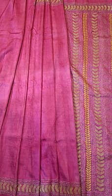 Light pink heavy work blouse piece and pallu hand kantha work saree on pure Mulberry silk Light pink heavy work blouse piece and pallu hand kantha work saree on pure Mulberry silk