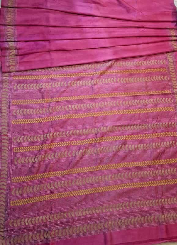 Light pink heavy work blouse piece and pallu hand kantha work saree on pure Mulberry silk Light pink heavy work blouse piece and pallu hand kantha work saree on pure Mulberry silk