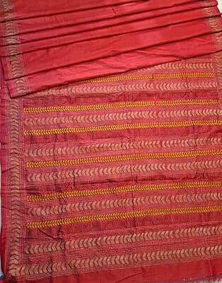 Hand Kntha stitch red rani pink dual tone on pure Mulberry silk