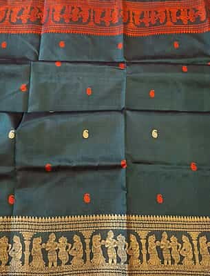 Black color pure Mulberry silk saree Baluchari saree with orange and beige ganga Jamuna border Black color pure Mulberry silk saree Baluchari saree with orange and beige ganga Jamuna border