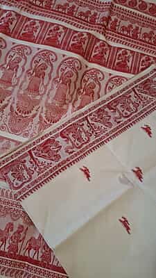 White and red combination Baluchari saree in pure Mulberry silk