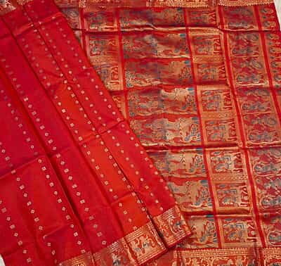 Orange Rani pink dual tone 2000 buta Pure Mulberry silk Swarnachari saree