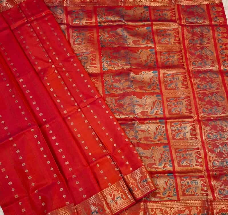Orange Rani pink dual tone 2000 buta Pure Mulberry silk Swarnachari saree Orange Rani pink dual tone 2000 buta Pure Mulberry silk Swarnachari saree
