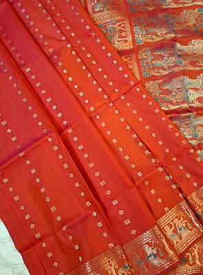Orange Rani pink dual tone 2000 buta Pure Mulberry silk Swarnachari saree Orange Rani pink dual tone 2000 buta Pure Mulberry silk Swarnachari saree
