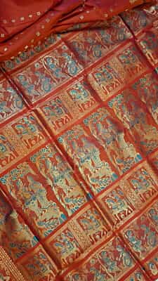 Orange Rani pink dual tone 2000 buta Pure Mulberry silk Swarnachari saree Orange Rani pink dual tone 2000 buta Pure Mulberry silk Swarnachari saree