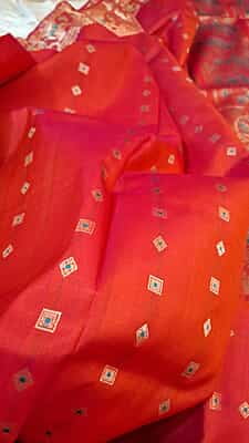 Orange Rani pink dual tone 2000 buta Pure Mulberry silk Swarnachari saree Orange Rani pink dual tone 2000 buta Pure Mulberry silk Swarnachari saree