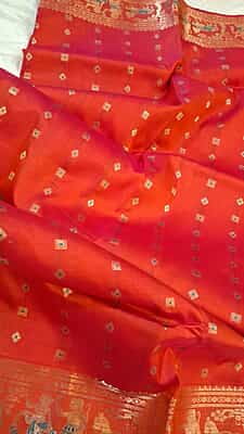 Orange Rani pink dual tone 2000 buta Pure Mulberry silk Swarnachari saree Orange Rani pink dual tone 2000 buta Pure Mulberry silk Swarnachari saree