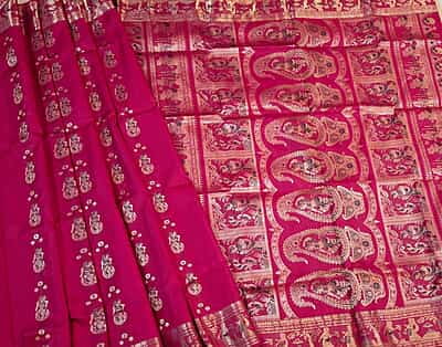 Rani pink dual tone figure motif pure Mulberry silk Swarnachari