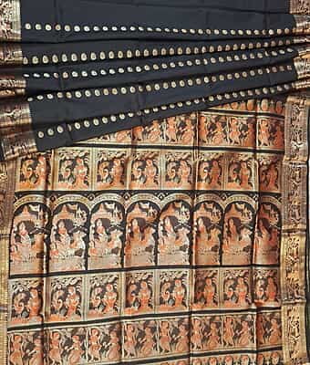 Jet Balck orange meena work chand buta Swarnachari saree
