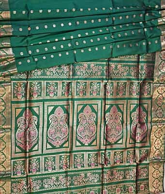 Emarald green color pink meena work Swarnachari saree