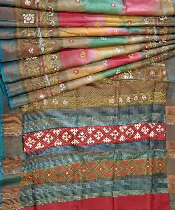 Tassar Lambani work saree in shades of Multiple color
