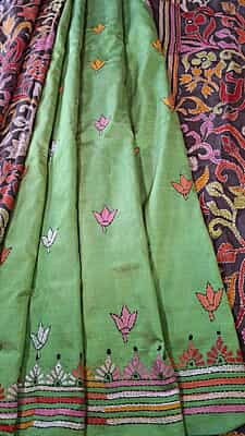 Tassar kantha Patli pallu light green Tassar kantha Patli pallu light green