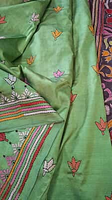 Tassar kantha Patli pallu light green Tassar kantha Patli pallu light green