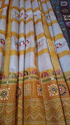 Katha stitch tassar yellow white checkered saree Katha stitch tassar yellow white checkered saree