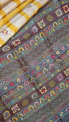 Katha stitch tassar yellow white checkered saree Katha stitch tassar yellow white checkered saree