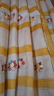 Katha stitch tassar yellow white checkered saree Katha stitch tassar yellow white checkered saree