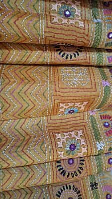 Katha stitch tassar yellow white checkered saree Katha stitch tassar yellow white checkered saree