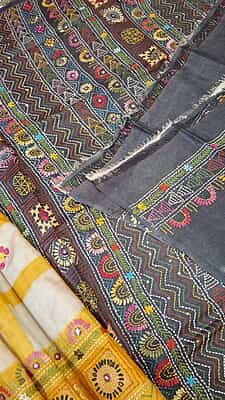 Katha stitch tassar yellow white checkered saree Katha stitch tassar yellow white checkered saree
