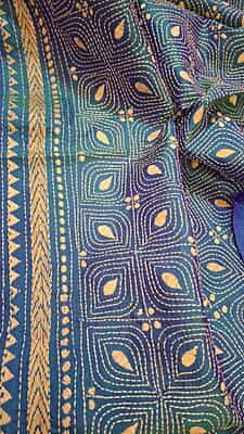 Hand kantha stitch on blue green dual tone pure Bangalore silk Hand kantha stitch on blue green dual tone pure Bangalore silk