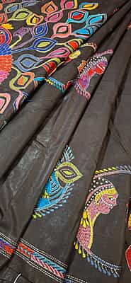 Black multiple color hand kantha stitch saree